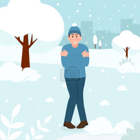 Illustration for A young man shivers from the cold, hugs himself with his hands. Guy sensitive to cold freezing outdoor in the snow. Winter season.Cold Weather, Freeze. Vector illustration - Royalty Free Image