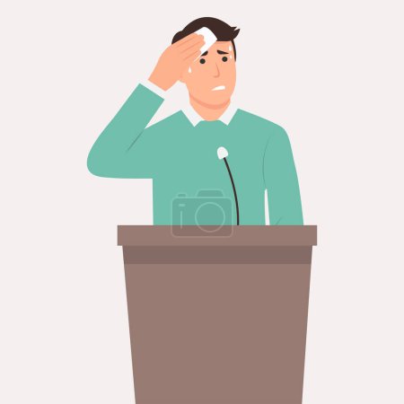 Illustration for Glossophobia or fear of public speaking. Nervous man feel stressed speaking in front of public. Anxious worried male speaker sweat with pain and anxiety on stage. Concept of audience fear. Flat vector illustration. - Royalty Free Image