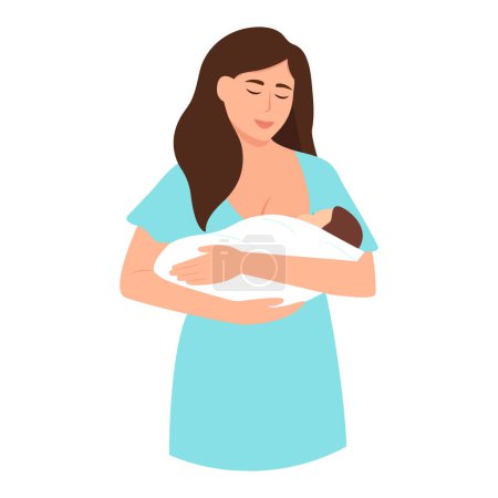 Belle femme qui allaite un bébé avec mère allaitante.Femme concept de lactation. Semaine mondiale de l'allaitement maternel. Illustration vectorielle plate isolée sur fond blanc