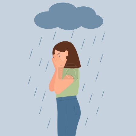 Ilustración de Depressed woman standing in the  rain and cloud.Lonely sad young girl cries covering her face with her hands.  Sorrow and grief. The concept of mental disorder, sadness and depression. Vector illustration - Imagen libre de derechos
