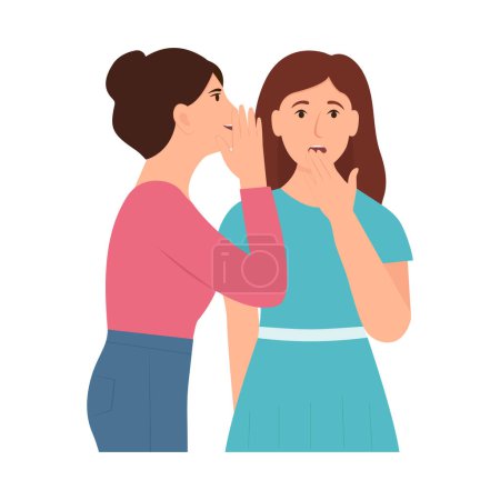 Illustration for Women gossiping, whispering in ear, slandering, spreading secrets. Woman surprised when her friend talks whispering in her ear. Flat  vector illustration isolated on white background - Royalty Free Image