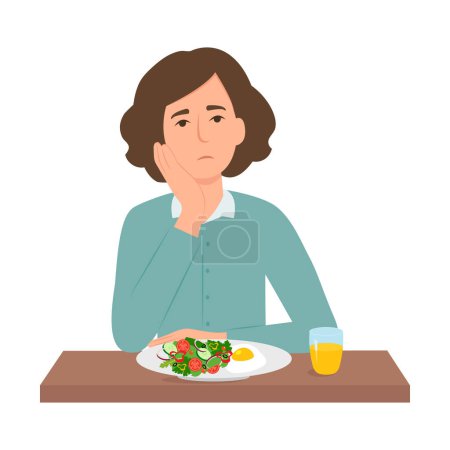 Ilustración de La mujer sufre de falta de apetito. La chica no tiene hambre. Mujer incapaz de comer. Anorexia, trastorno alimentario.Ilustración vectorial - Imagen libre de derechos