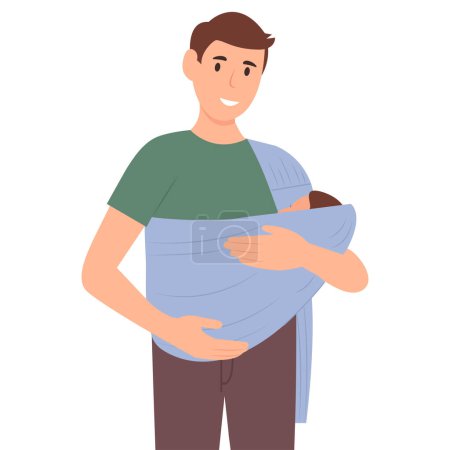 Ilustración de El hombre sonriente sostiene a su bebé en un portador de tela. Padre abrazando al niño con cabestrillo de bebé. Bebé sintiendo amor y protección de papá. Ilustración vectorial - Imagen libre de derechos