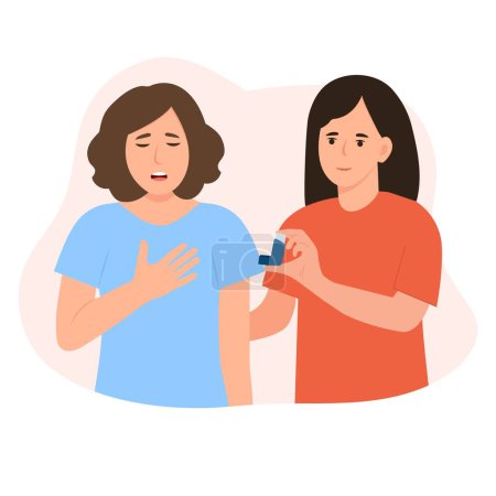 Ilustración de Una mujer está dando inhalador a un amigo con un ataque de asma. Diagnóstico de asma bronquial, tratamiento y medicina, dificultad para respirar, ataque respiratorio, tos alérgica. Ilustración vectorial - Imagen libre de derechos