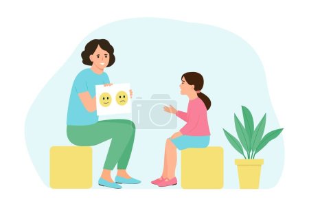 Child psychologist showing pictures to the girl. Family psychotherapy session for children with mental problems.Vector flat cartoon illustration