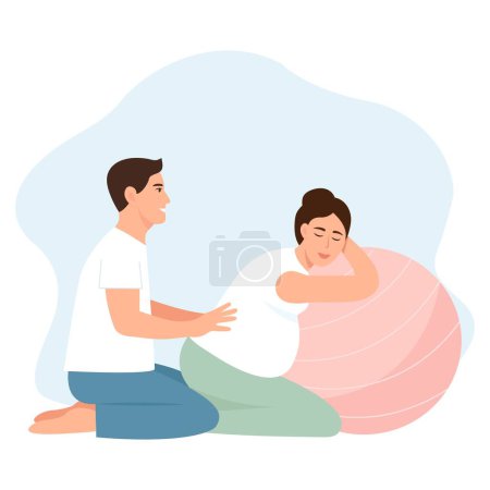  Pregnant woman preparing for childbirth with partner. Husband helps wife to relax, making massage of  back, comfortable posture for birthing.Vector illustration