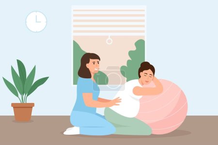 Illustration for Pregnant woman preparing for childbirth with partner or doula. Birth positions for pregnant woman during birth pains, help methods for painless childbirth labor, on fitness ball.Vector illustration - Royalty Free Image