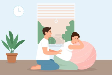 Illustration for Pregnant woman preparing for childbirth with partner. Husband helps wife to relax, making massage of  back, comfortable posture for birthing.Vector illustration - Royalty Free Image
