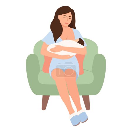 Illustration for The woman sitting in an armchair and feeding a newborn.Breast feeding position with pillow in chair. Breastfeeding week,mother's day,natural feeding Vector illustration isolated - Royalty Free Image