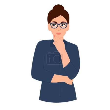 Illustration for Woman with pensive expression.Girl searching solution  making choice.Doubt and question concept.Vector illustration - Royalty Free Image