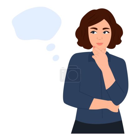 Illustration for Woman with curious or pensive face standing with thought bubble. Concept of thinking, decision, business problem solving, considered gesture. Flat vector illustration. - Royalty Free Image