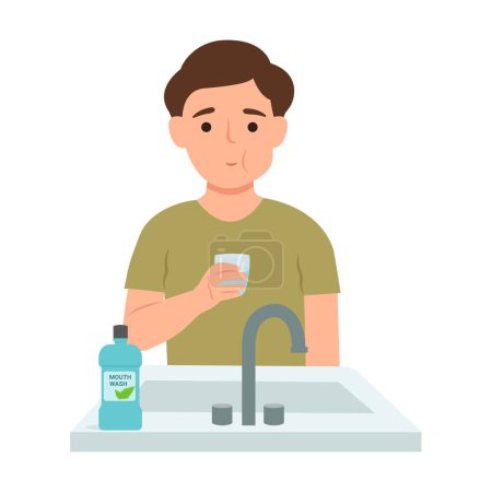 Illustration for Cute kid rinsing and gargling her mouth.Boy using mouthwash for fresh breath. Dental health concepts. Vector illustration - Royalty Free Image