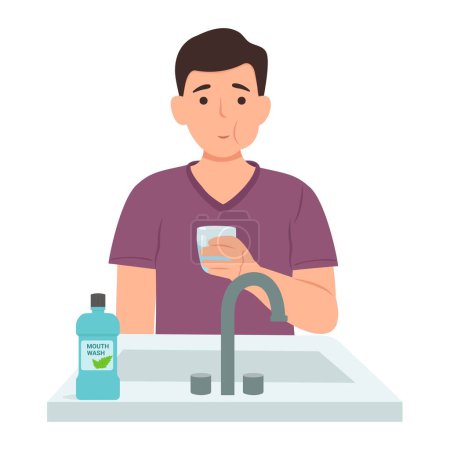 Illustration for Man rinsing  his  mouth.Boy using mouthwash for fresh breath. Dental health concepts. Vector illustration - Royalty Free Image