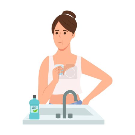 Illustration for Woman rinsing and gargling her mouth.Girl using mouthwash for fresh breath. Dental health concepts. Vector illustration - Royalty Free Image