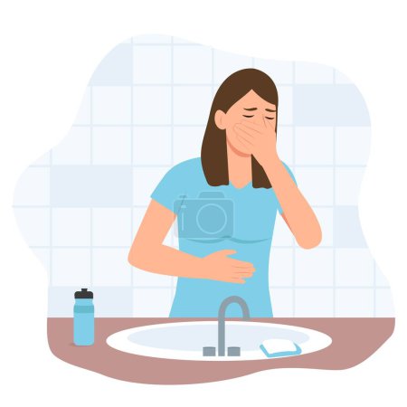 Illustration for The Girls suffers from nausea. Nausea during pregnancy, vomiting. Symptom of illness, health problems. Poisoning,Abdominal pain.Isolated flat vector illustration - Royalty Free Image