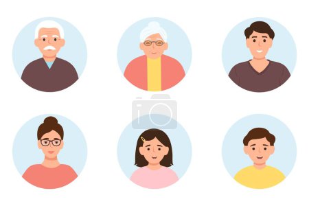 Ilustración de Avatares de personas, miembros de la familia. Padres, abuelos e hijos.Ilustración vectorial - Imagen libre de derechos