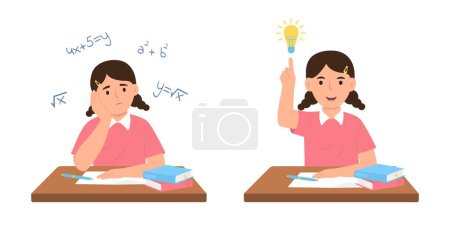 El niño en su escritorio resolviendo un problema matemático.El niño tiene una buena idea para hacer la tarea, examen a examen. Ilustración vectorial