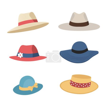 Summer women's hat set. Set of beach women's straw wide-brimmed hats of different colors with ribbons. Vector illustration isolated on white background