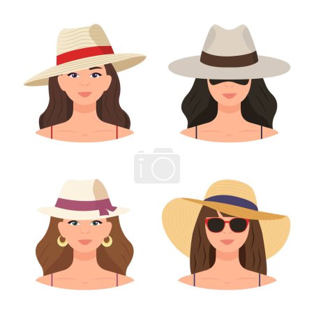 Summer women's hat set. Set of beach women's straw wide-brimmed hats of different colors with ribbons.  Depicting various designs of womens hats. Vector illustrationillustration