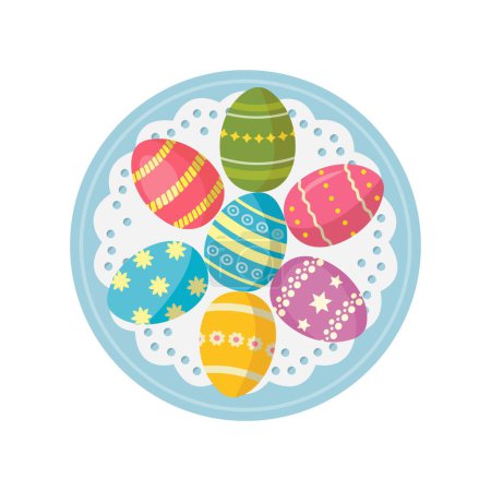 Painted and decorated Easter eggs, decoration on plate. Traditional festive dish, top view. Flat vector illustration isolated on white background