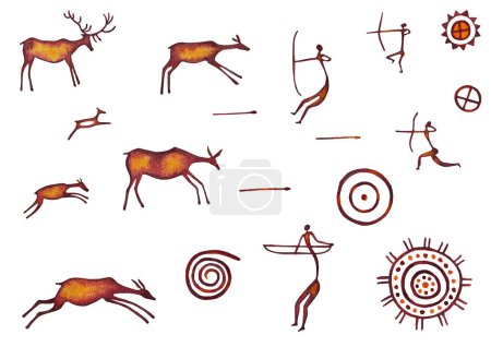 Photo for Isolated watercolor set imitating rock art, containing drawings of deer, people hunting with bows, primitive images of the sun, spirals on a white background - Royalty Free Image