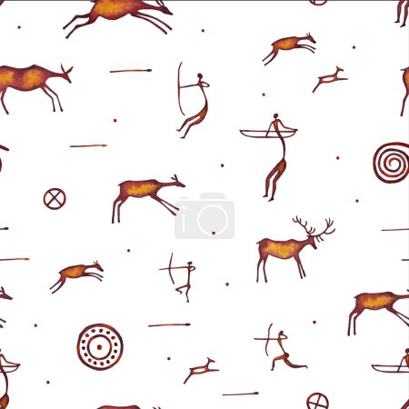Photo for Seamless pattern composed of isolated watercolor set of cave drawings of deer, people hunting with bows, primitive images of the moon, stars, spiral on a white background - Royalty Free Image