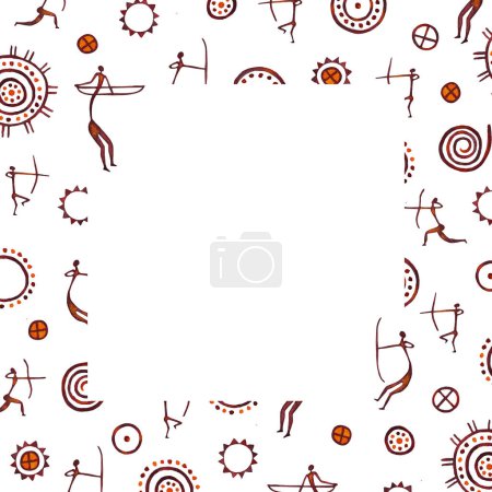 Photo for Frame composed of isolated watercolor set of cave drawings of hunting people with bows and arrows, primitive drawings of the sun, spirals on a white background - Royalty Free Image