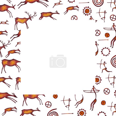 Photo for Frame composed of isolated watercolor set of cave drawings of hunting people with bows and arrows, primitive drawings of the sun, spirals on a white background - Royalty Free Image