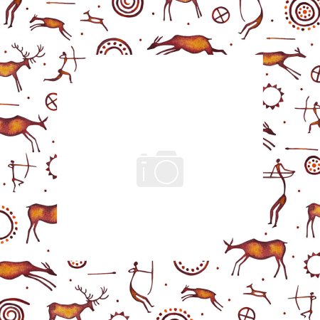 Photo for Frame composed of isolated watercolor set of cave drawings of deer, people hunting with bows, primitive images of the moon, stars, spiral on a white background - Royalty Free Image