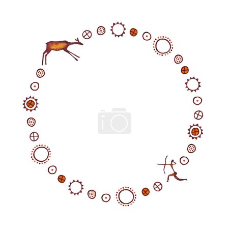 Photo for Wreath composed of isolated watercolor set of cave drawings of hunting people with bows and arrows, primitive drawings of the sun, spirals on a white background - Royalty Free Image