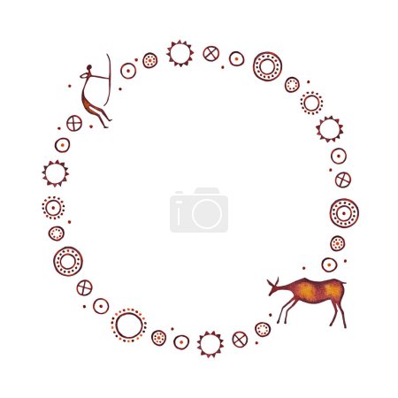 Photo for Wreath composed of isolated watercolor set of cave drawings of deer, people hunting with bows, primitive images of the moon, stars, spiral on a white background - Royalty Free Image
