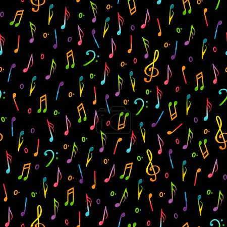 Seamless pattern of watercolor isolated illustrations of notes, treble clef, bass clef in rainbow colors on a black background 