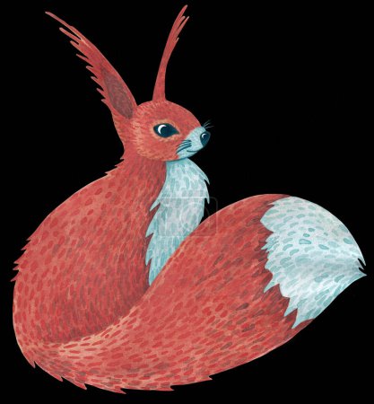 Téléchargez les photos : Dessin aquarelle stylisé d'un écureuil moelleux aux couleurs orange et bleu isolé sur fond noir. - en image libre de droit