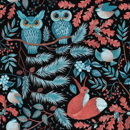 Téléchargez les photos : Isolated seamless pattern composed of watercolor drawings of an owl, a squirrel, tits, pine branches and cones, elderberry leaves and berries, rowan, snow berry, oak leaves, acorns, dandelion seeds - en image libre de droit