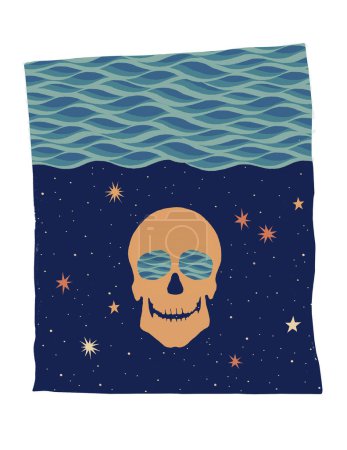 Affiche imprimée isolée composée d'un crâne humain avec un motif d'eau dans les yeux, le ciel nocturne, les étoiles et la surface de la mer. Palette de couleurs vintage des années 60, 70, 80.