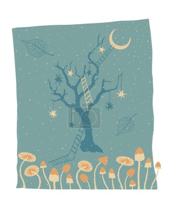 A ready-made isolated printed poster composed of hand-drawn psilocybin mushrooms, a silhouette of a tree with stars and stepladders hanging on it, torn leaves, starry sky. Vintage color palette from the 60s, 70s, 80s.