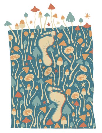 Konfektioniertes, isoliert bedrucktes Poster, bestehend aus handgezeichneten Psilocybin-Pilzen, Fußabdrücken und Sternenhintergrund. Vintage-Farbpalette aus den 60er, 70er, 80er Jahren.
