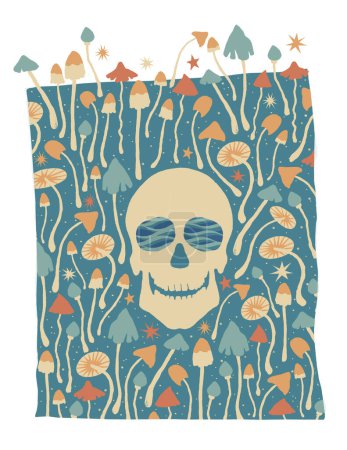 Une affiche imprimée isolée prête à l'emploi composée de champignons psilocybins dessinés à la main, d'un crâne humain avec de l'eau dans les orbites et d'un fond étoilé. Palette de couleurs vintage des années 60, 70, 80.