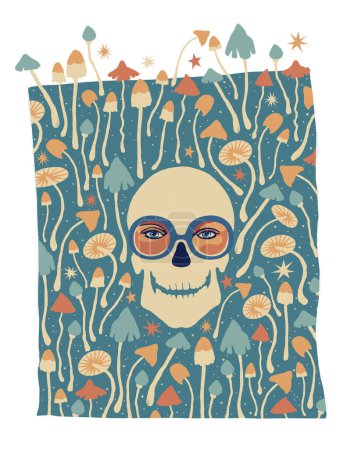 Une affiche imprimée isolée prête à l'emploi composée de champignons psilocybins dessinés à la main, un crâne humain avec des lunettes révélant des yeux bleus et un fond étoilé. Palette de couleurs vintage des années 60, 70, 80.