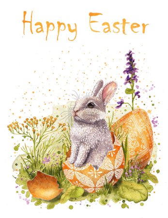 Isolated watercolor Easter greeting card containing a gray bunny sitting in the shell of a golden Easter egg with a white pattern in a clearing with spring flowers on a white background