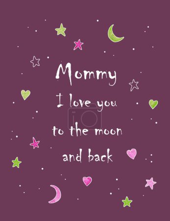 Foto de Tarjeta de felicitación del Día de la Madre aislada con acuarela dibujada estrellas rosadas y verdes, corazones, luna estilizada como dibujo de un niño sobre un fondo borgoña - Imagen libre de derechos