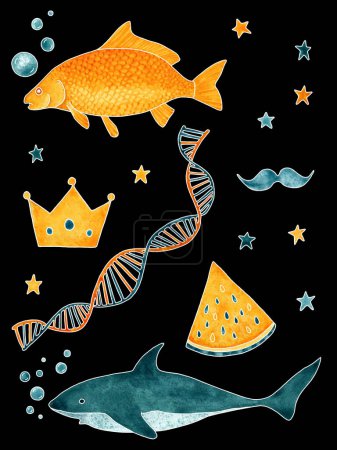 Isolated watercolor drawings of fish, carp, shark, goldfish, watermelon skip, DNA chain, crown, man's mustache, air bubbles, stars, stylized as a child's drawing on a black background