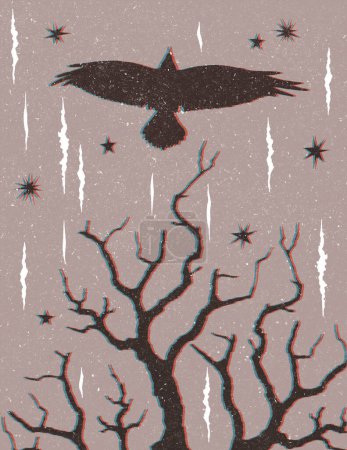 A risograph-style poster with a 60s color that features graphically drawn brown dead wood, a silhouette of a flying raven and a star with a chromatic aberrationon a gray background and a worn effect