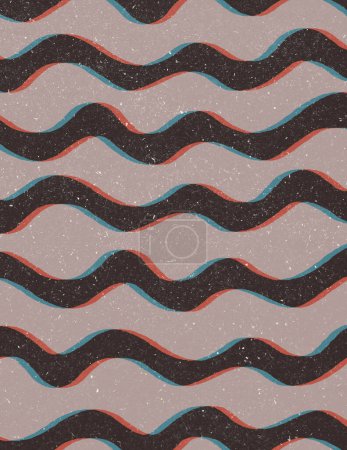 Une affiche numérique dans un style risographe vintage avec une palette de couleurs des années 60 qui présente des lignes ondulées épaisses en brun foncé avec un effet d'aberration chromatique sur un fond gris-rose clair et un effet usé