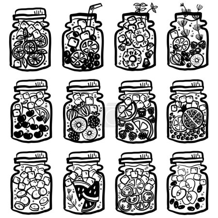 A collection of hand drawn jars containing infused water with mixed fresh fruits Each jar uniquely displays a variety of fruits and decorative elements