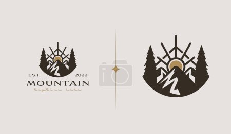 Téléchargez les illustrations : Rayons de montagne et de soleil, Mont Peak Hill Nature Vue paysage pour l'aventure Modèle de logo extérieur - en licence libre de droit