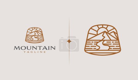 Illustration for Mountain and Sun Rays, Mount Peak Hill Nature Landscape view for Adventure Outdoor logo template - Royalty Free Image