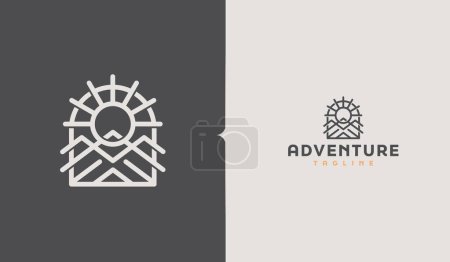 Illustration for Mountain and Sun Rays, Mount Peak Hill Nature Landscape view for Adventure Outdoor logo template - Royalty Free Image