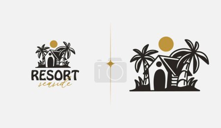 Téléchargez les illustrations : Beach Resort Palm Tree monoline. Symbole universel premium créatif. Modèle de logo icône signe vectoriel. Illustration vectorielle - en licence libre de droit