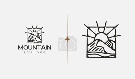 Téléchargez les illustrations : Mountain Hill Top Sun Rays monoline. Universal creative premium symbol. Vector sign icon logo template. Vector illustration - en licence libre de droit